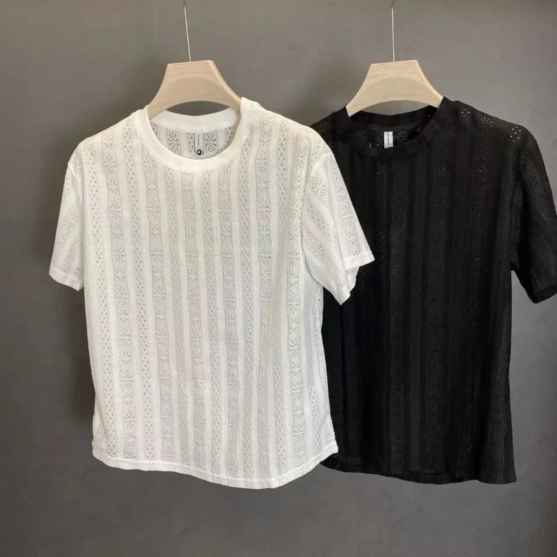 Mens T-shirts Mesh Breathable Hollow Out Knitted O-Neck Lightweight Crochet Elasticity Streetwear Loose -fit Black White T-shirt