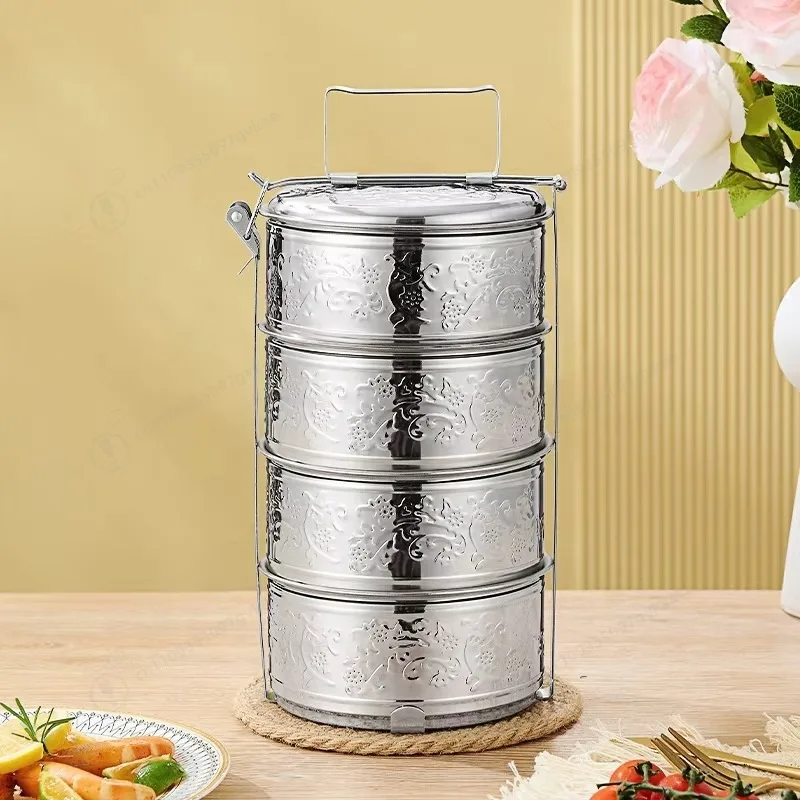 15Cm gold Sanming box 4 layers engraved flower pattern food box decoration stainless steel stackable lunch box gift