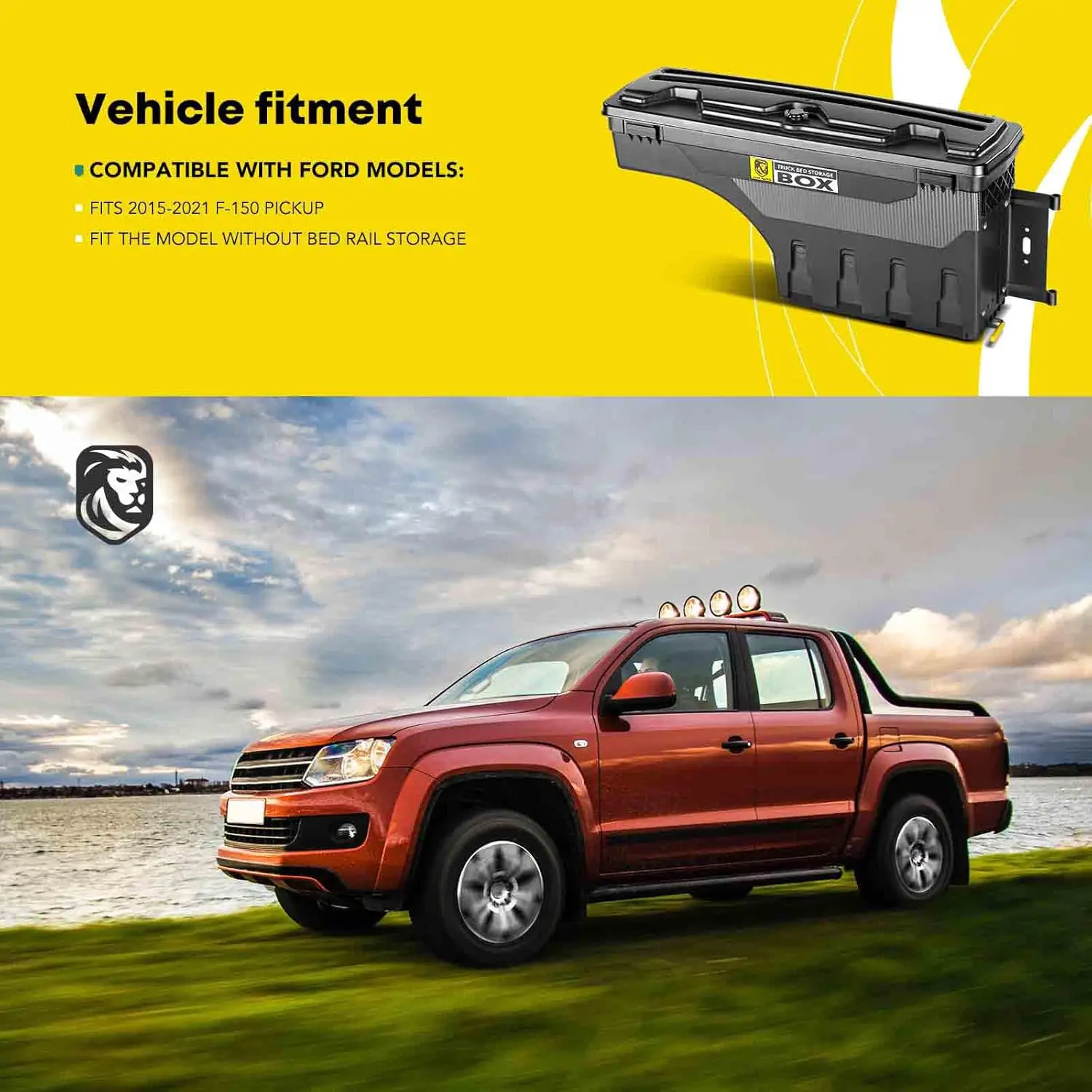 auto Truck Bed Storage Tool Box Lockable Compatible With 2015-2021 Ford F-150, Without Bed Rail Storage, Driver Side, Swing