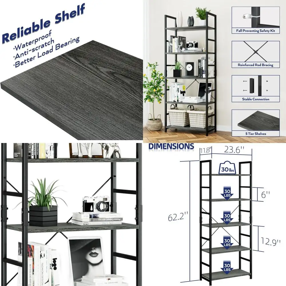 

Modern 5-Tier Tall Bookcase in Dark Grey for Home Storage and Organization