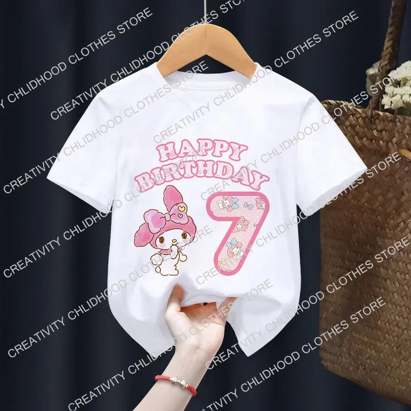 Sanrio My Melody T-shirt Birthday Number 3-14 Kawaii T Shirt Anime Cartoons Children Casual Clothes T Shirts Kid Girl Boy Tops