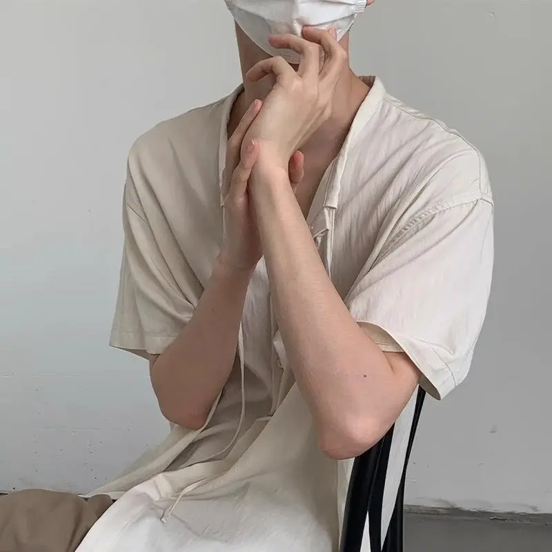 용수철 빈티지 루즈 솔리드 로파 옴브레 남성용 의류, 올 매치 드로스트링 풀오버, 내셔널 스타일 티셔츠, 여름 신상 패션