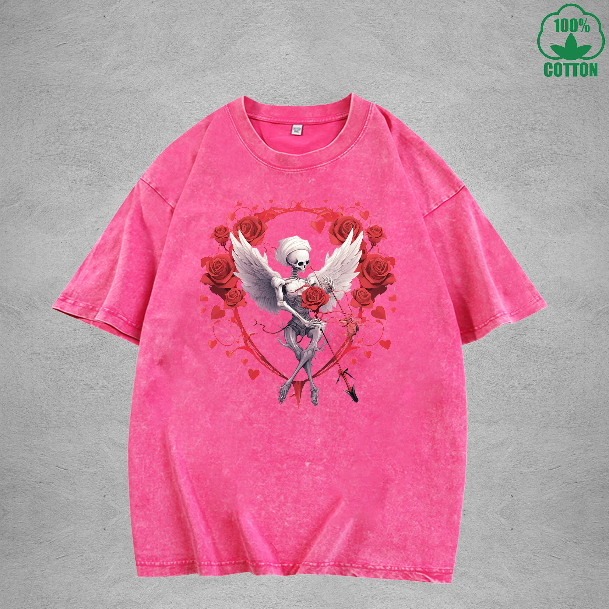 Rose Skeleton Printed Washed T-Shirt 230G Multicolor Minimalist Loose Trendy Fashionable Cotton Short Sleeve Top