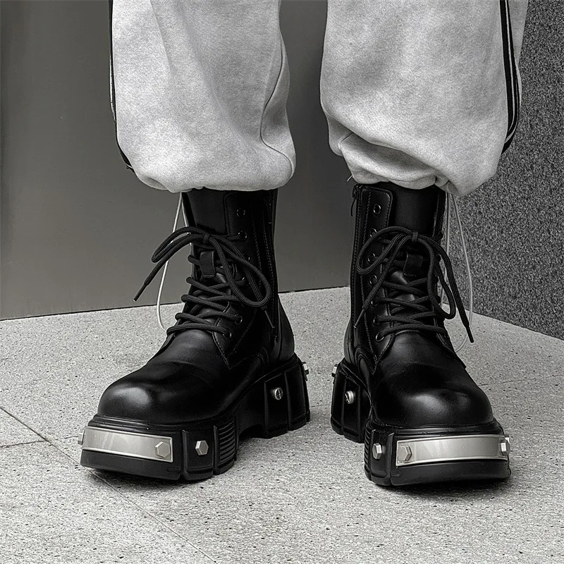 

Мужские ботинки, мотоциклетные ботинки с высоким берцем в стиле панк, резиновая подошва увеличенной высоты, круглый носок, шнуровка