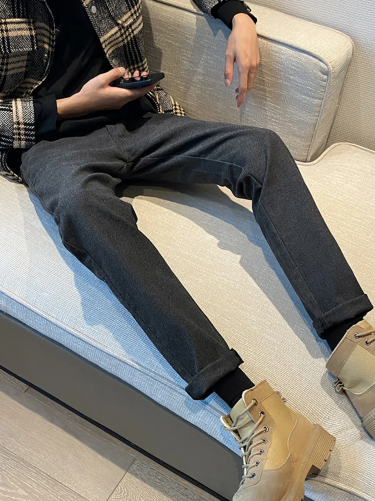 

Men's Fce Lined Denim Jeans Casual Light Maturi Sle Boots Matching Pants Slim Fit Long Trousers American Casual