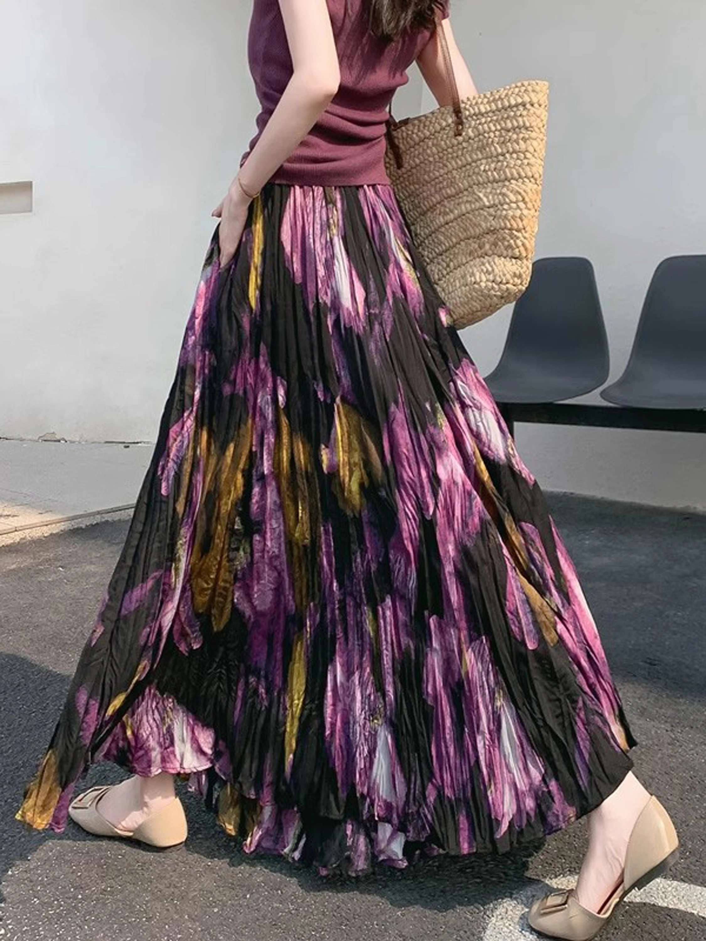 

Retro Floral A-Line Midi Skirt High Waist Slimming Drapey f-length Korean Sle Commute Polyester Fiber Long Summer Skirt