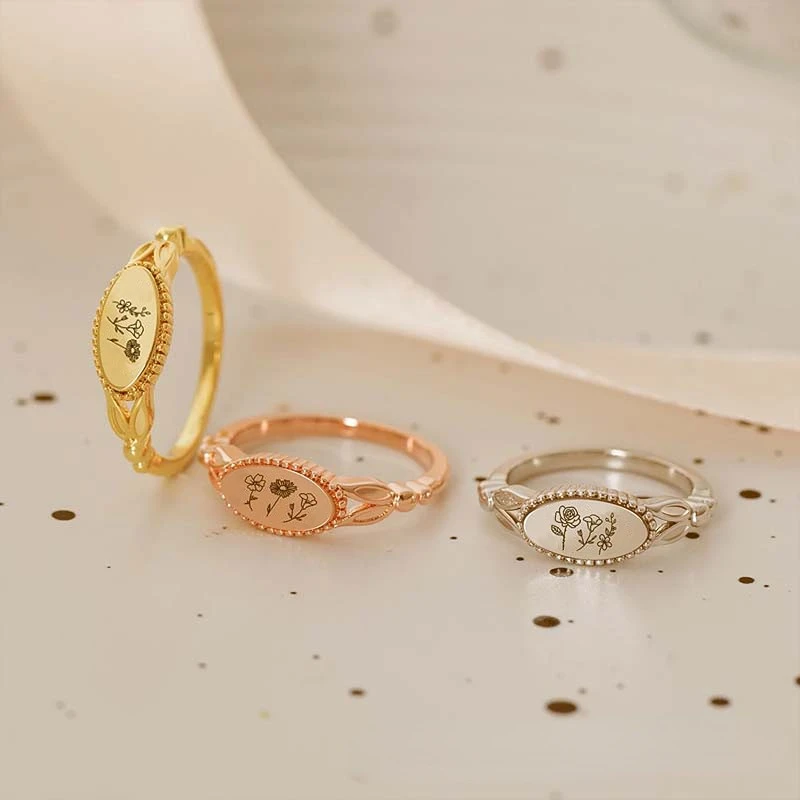 

Fancy 925 Sterling Silver 12 Birth Month Flower Ring 18k Gold Plated Rings Engraving Stamp Wife Girlfriend Gifts Jewelry