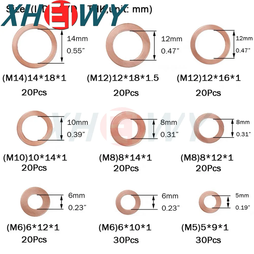 Copper Washer Gasket Nut and Bolt Set Flat Ring Seal Assortment Kit with Box M5/M6/M8/M10/M12/M14M16/M20 for Sump Plugs