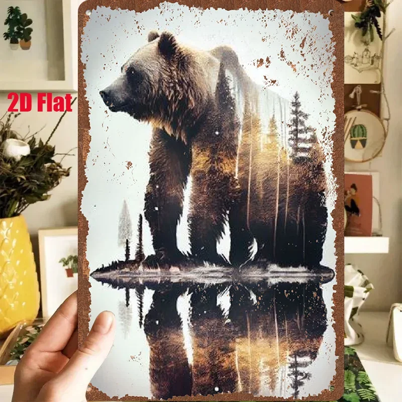 2D Flat - 1pc 2D [Flat] Metal Sign 'Bear in The Forest' 8X12In/20X30Cm Features a Majestic Brown Bear Standing by a Tranquil Lak
