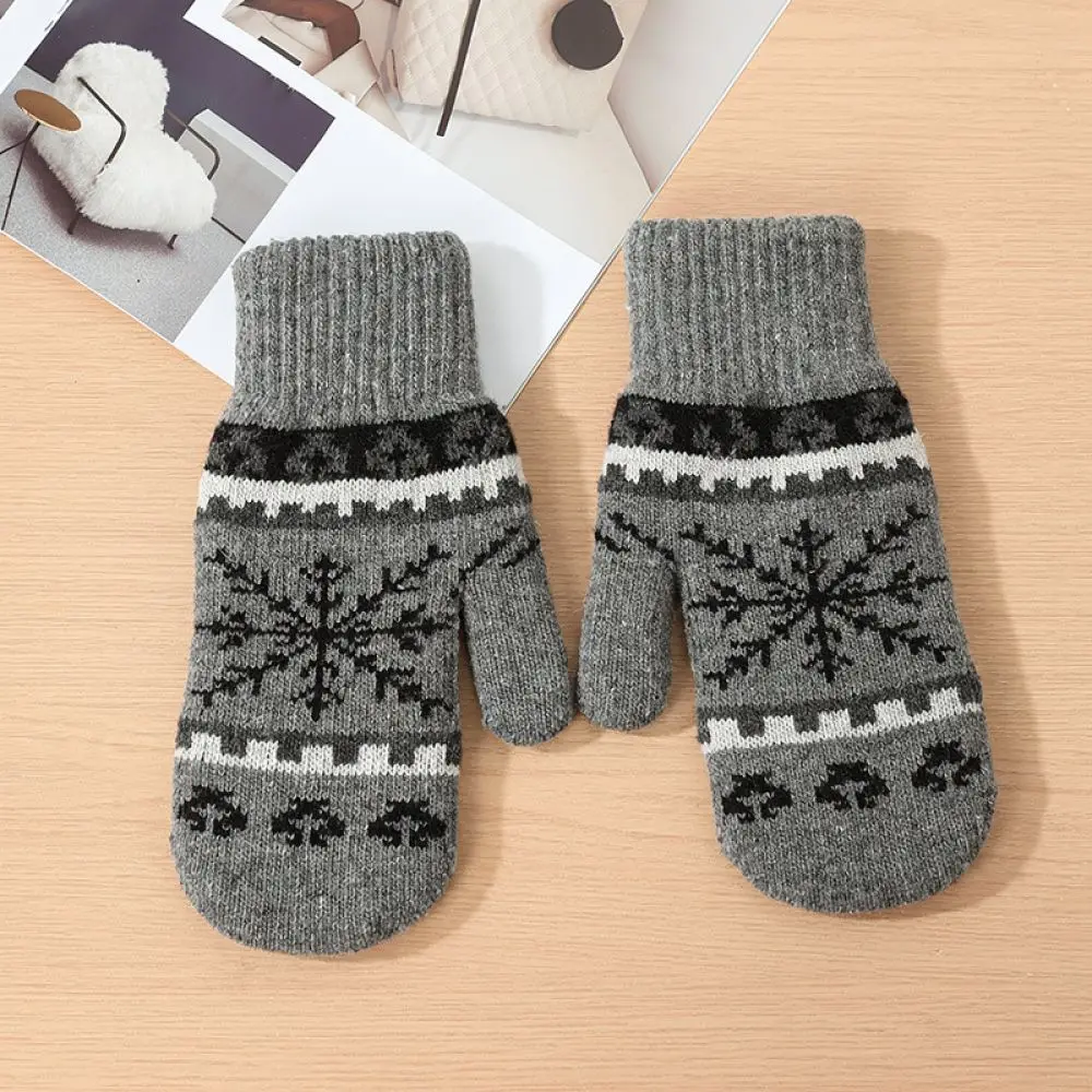 Women Winter Mittens Snowflake Print Thick Knit Woolen Gloves Soft Thermal Windproof Cycling Protection Hand Coverings