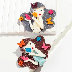 New Cartoon Butterfly Girl Acrylic Brooch Pins for Women Cute Flower Long Hair Girls Figure Badge Clothing Jewelry Accessories