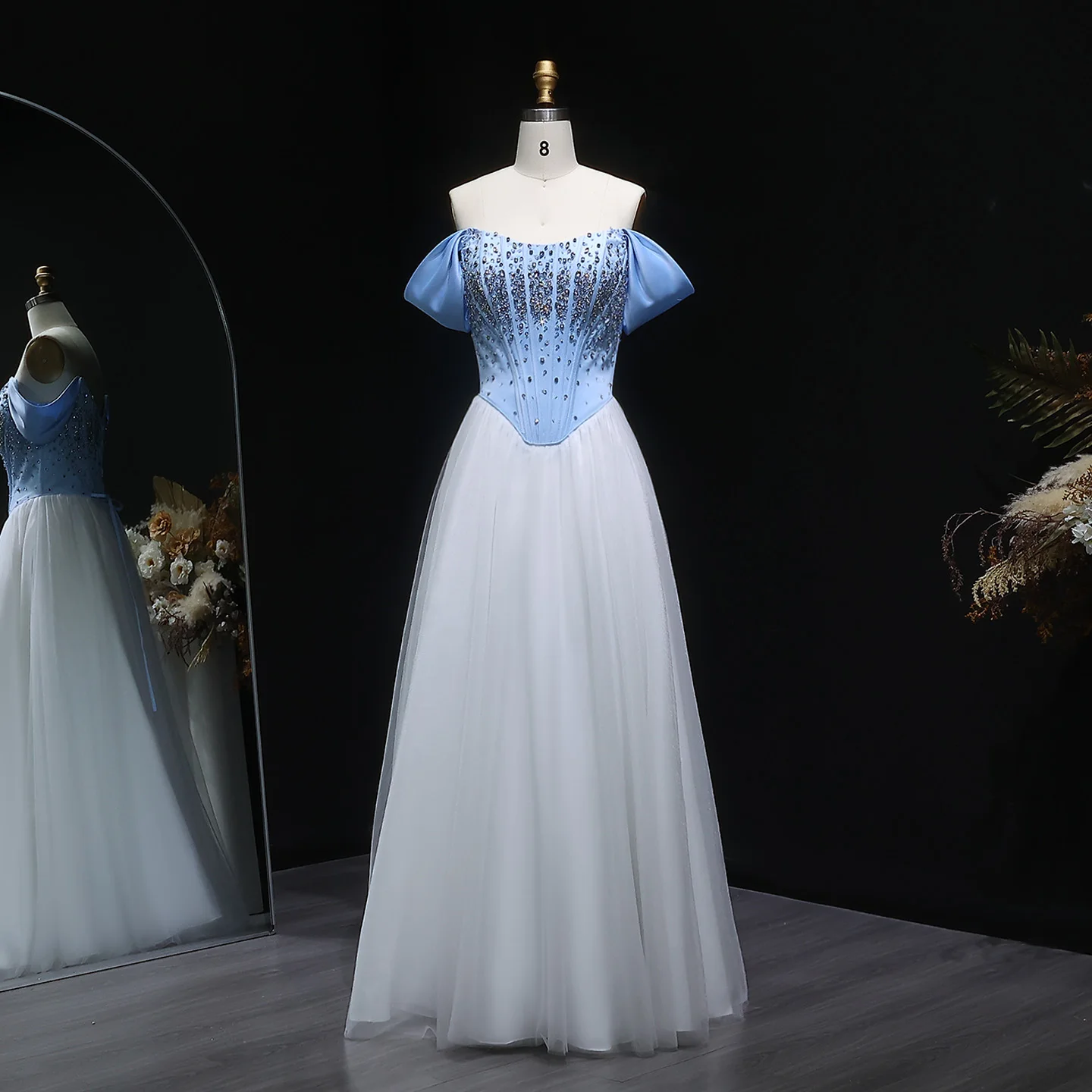 

Sharon Said Luxury Blue White Off-Shoulder Long Evening Dresses with Beaded 2025 Woman Weddings Arabic Prom Gown SF247 Customize