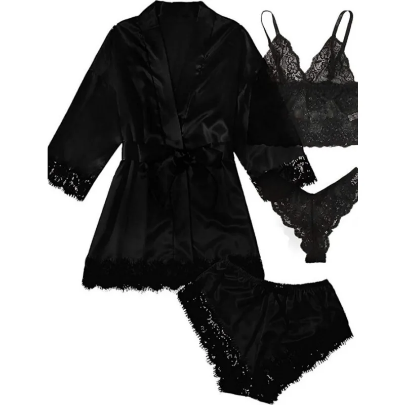 Black Sexy Women\'s Pajamas Satin 4-piece Lace Silk Suspender Tops Shorts Robe Pajamas Set Nightgown Underwear Nightdress Suit