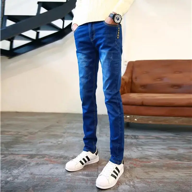 

Wholesale 2022 Fashion Teenager Casual Mens Korean-style Slim Elastic Youth Blue Student Wild Was Thin Feet Ten Nail Denim Jeans