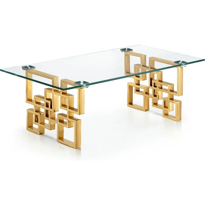 

Modern square glass coffee table with stainless steel base and gorgeous gold finish