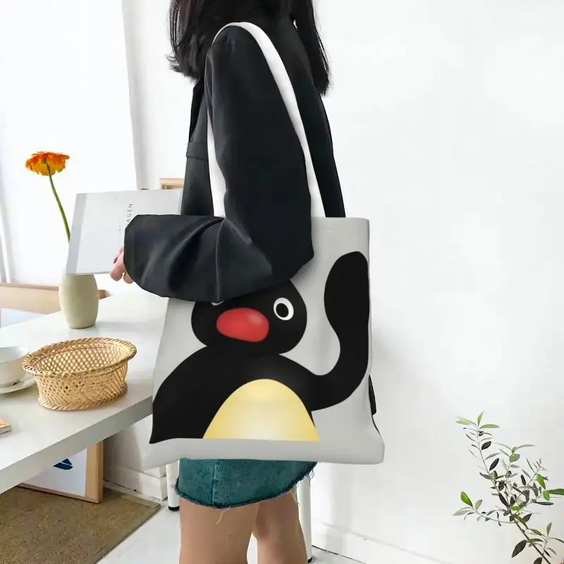 Kawaii Pingu Waving Shopping Tote Bag Recycling Penguin Canvas Groceries Shopper Shoulder Bag