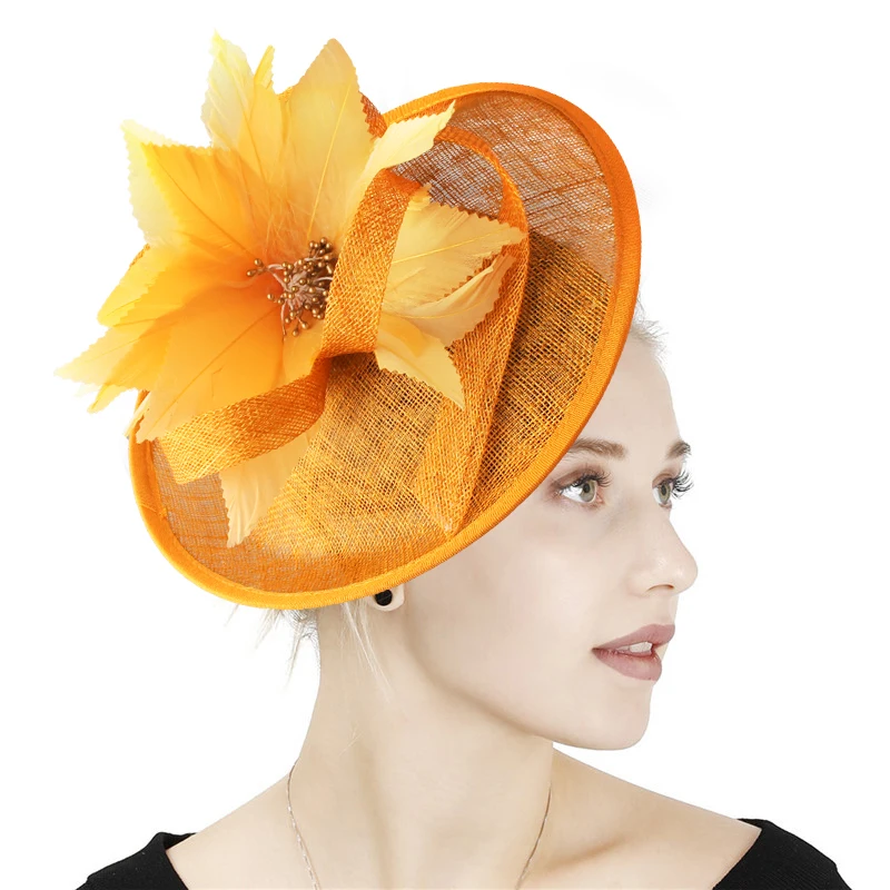 

Sinamay Wedding Feather Flower Fascinator Hat Bride Elegant Fashion Headwear Cocktail Race Dinner Hair Accessories With Hairpins