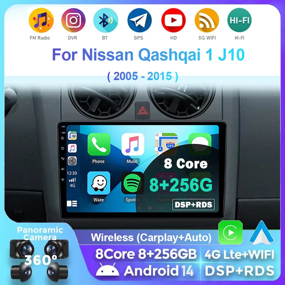 

Android 14 Car Radio For Nissan Qashqai 1 J10 2005 - 2015 Multimedia Stereo Video Player Navigation GPS 4G WIFI 360 Camera QLED