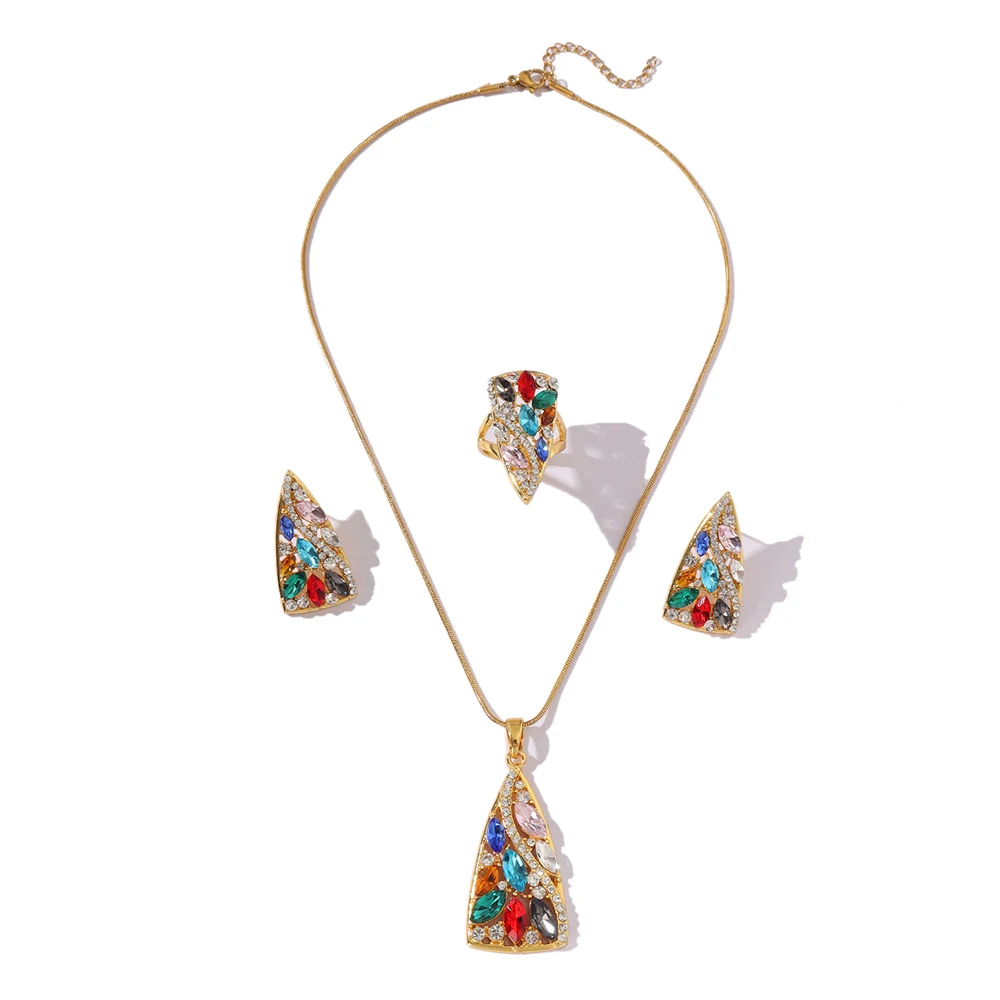 3-piece Set New zircon  pendant necklace + earrings + ring jewelry set  for Women Colored zircon stainless steel golden Set