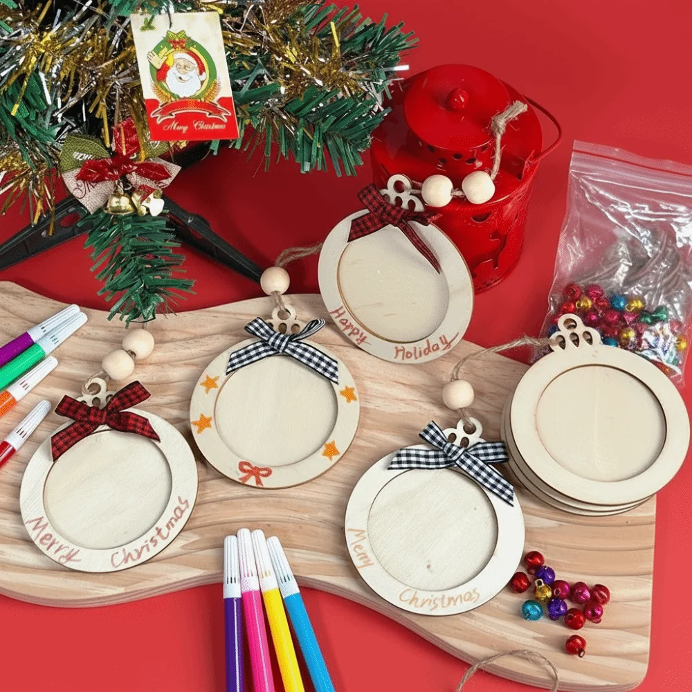 

6Pcs Wooden Christmas Picture Frame Ornaments DIY Coloring Christmas Tree Decorations Ball Frame Round Xmas Hanging Pendant