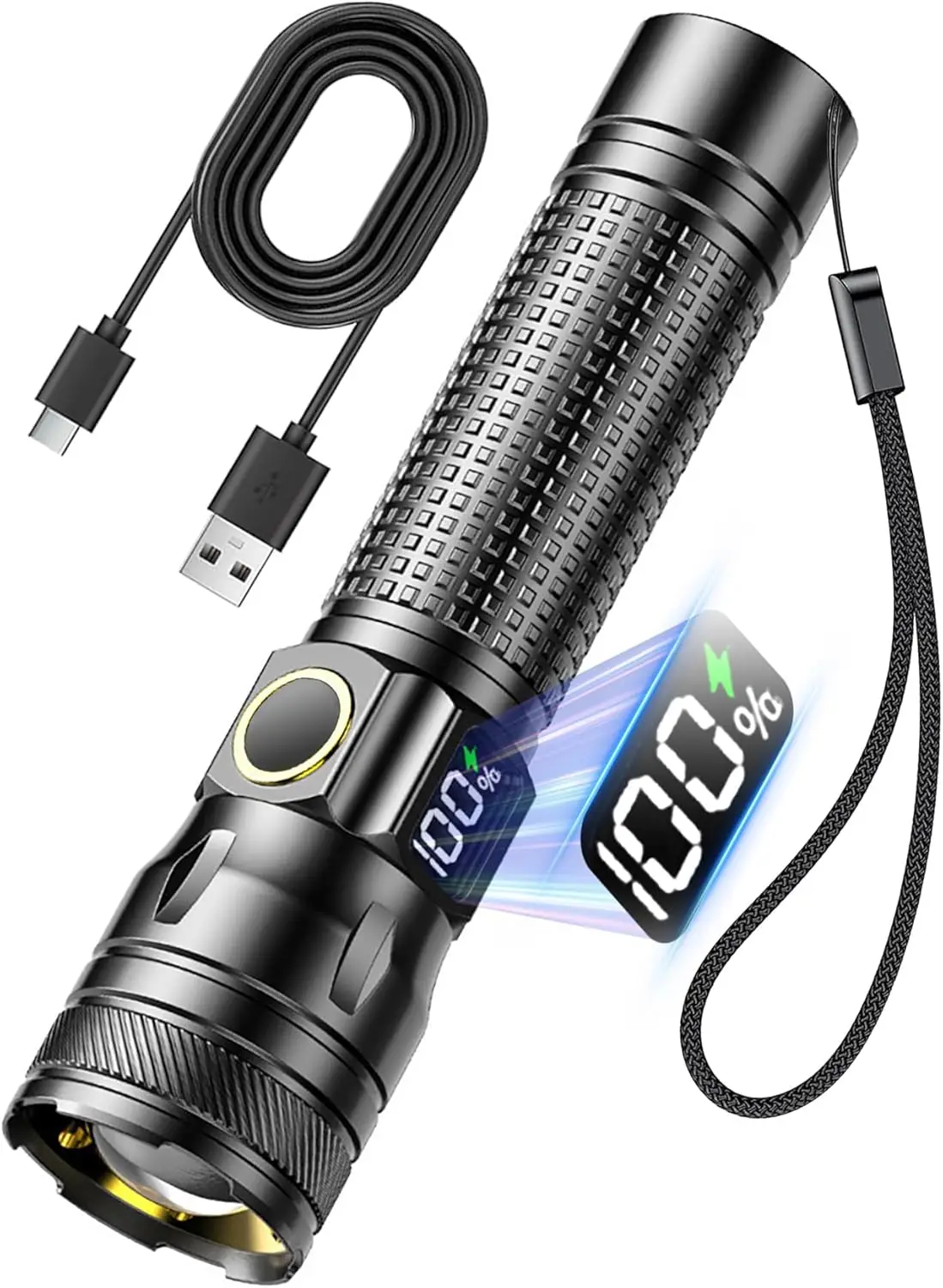 

Перезаряжаемый светодиодный фонарь USB-C с цифровым дисплеем заряда, регулируемым фокусом и высокой светоотдачей для кемпинга и экстренных ситуаций