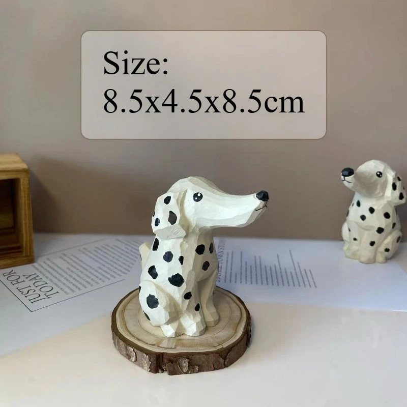 Handmade Basswood Wood Carving Dalmatian Puppy Figurine Hand Carved Spotted Dog Ornament Cute Desk Bedroom Room Decoration Craft