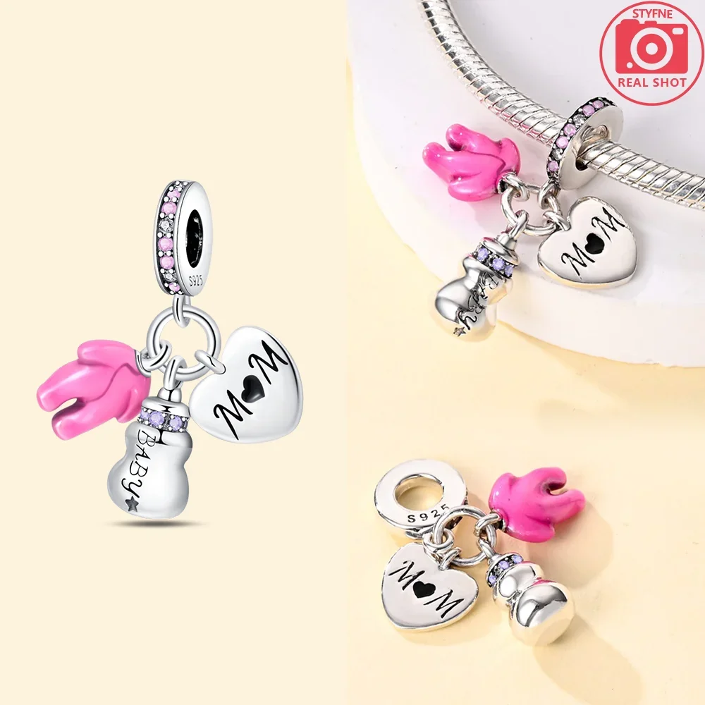 925 Silver Charms Purple Love Heart Zircon Mother's Day Girls Gift Box Feeding-bottle Beads Fit Bracelet Women Jewelry Diy