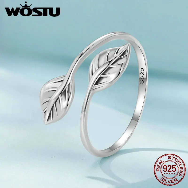 WOSTU Real 925 Sterling Silver Vintage Leaf Open Ring For Women Classical Stackable Adjustable rings Party Jewelry Gift Handmade