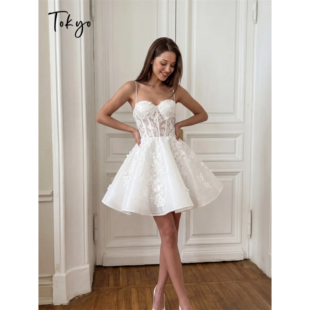 

Tokyo Short Lace 3D Floral Mini Wedding Dress Sweetheart Spaghetti Straps Bridal Shower Gown See Through Corset Cocktail Dress