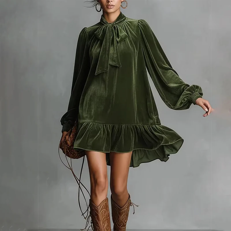 

Europe and America Bow Tie Lantern Sleeve Long Sleeve Ruffle Hem Elegant Velvet Women's Mini Dresses For Spring Autumn