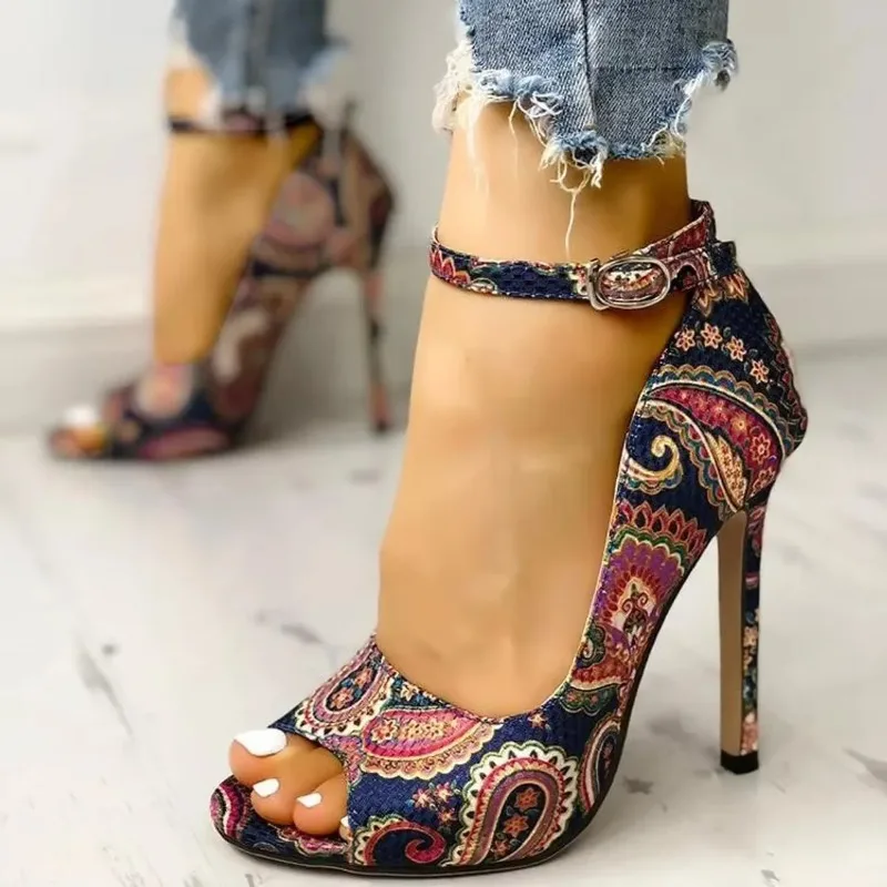 Europe And America Super High Women's High Heels Fish Mouth Thin Heels Ethnic Print Open Toe Shoes 2024 Autumn New Style