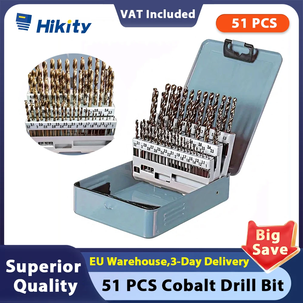 Hikity 51Pcs Metal Drill Bit Set 1-6mm Titanium HSS Steel Drill Bit Masonry Drill and Woodworking Hydrocement Drill Set with box