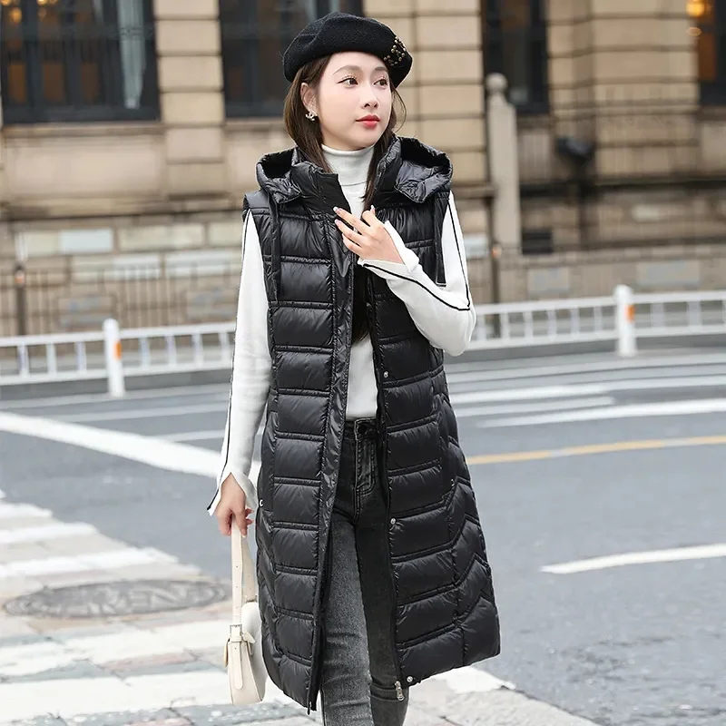 2024 Winter New Sleeveless Waistcoat Women Warm Puffer Jacket Ultra Light Mid Long Down Cotton Vests Female Outwear Casual Tops