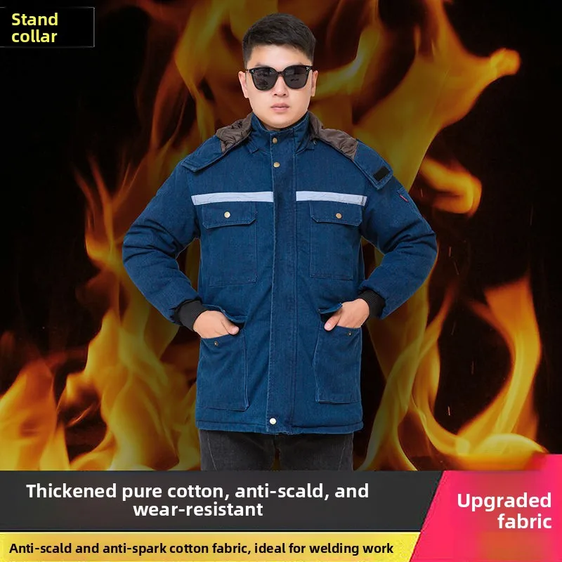 

Thickened Winter Denim Cotton Jacket Medium-Length Workwear Anti-Heat Warmth Protection for Welding And Factory Workshop