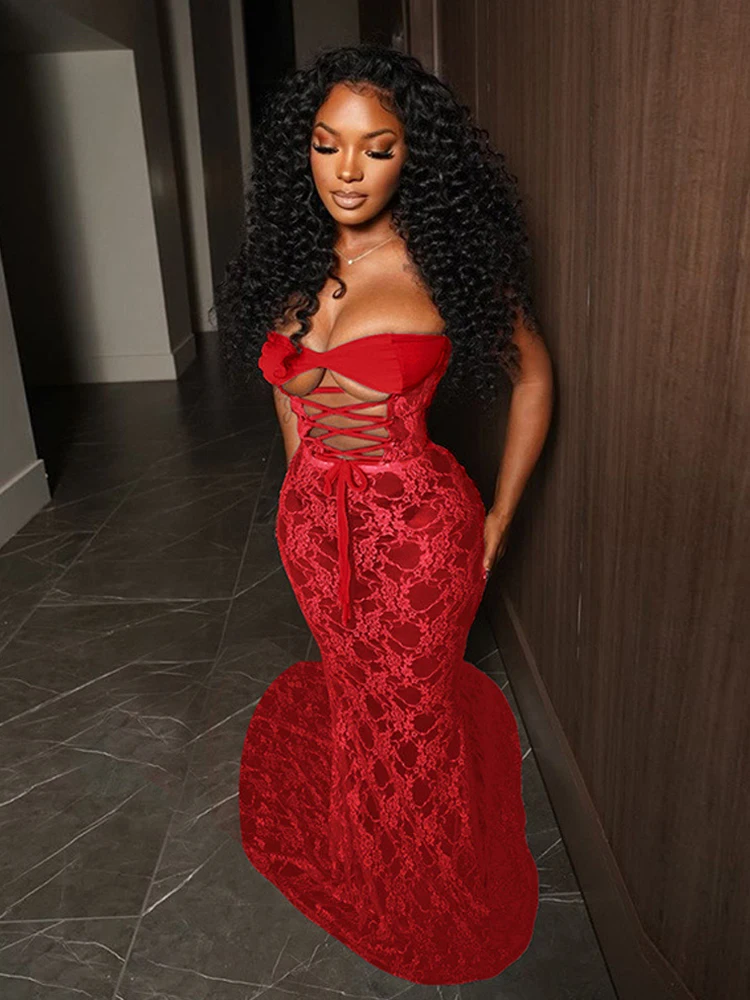 Shirring Hollow Dress Women Sexy Party Jacquard Patchwork Strapless Coquette Banquet Elegant Summer Y2K Maxi Bodycon