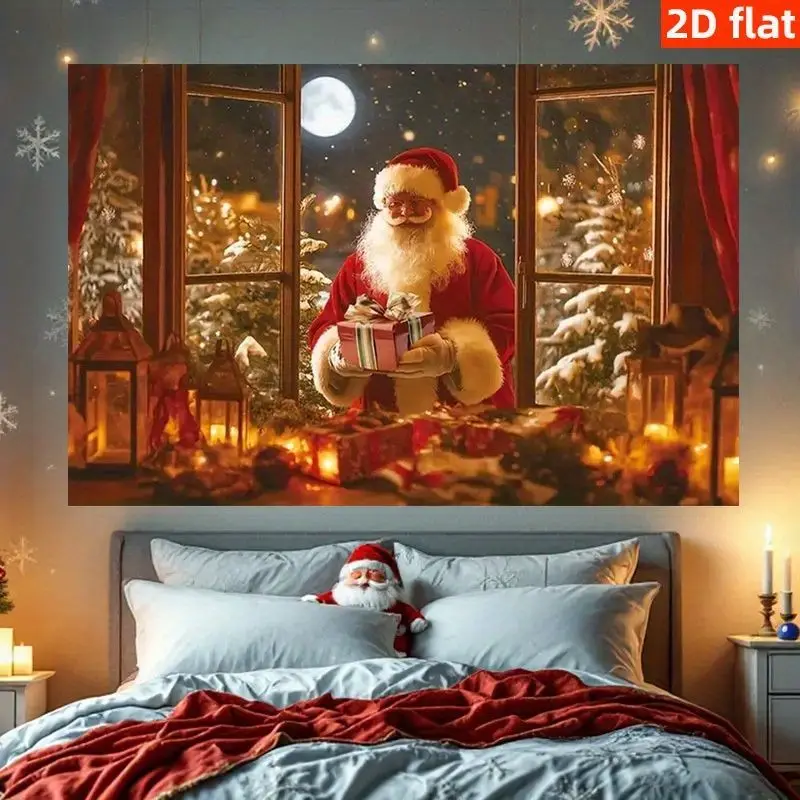 VIKAMA Santa Gift Box Wall Hanging Tapestry, Christmas Window Scene with Snow Moon Pine Tree for Cozy Holiday Home Decor