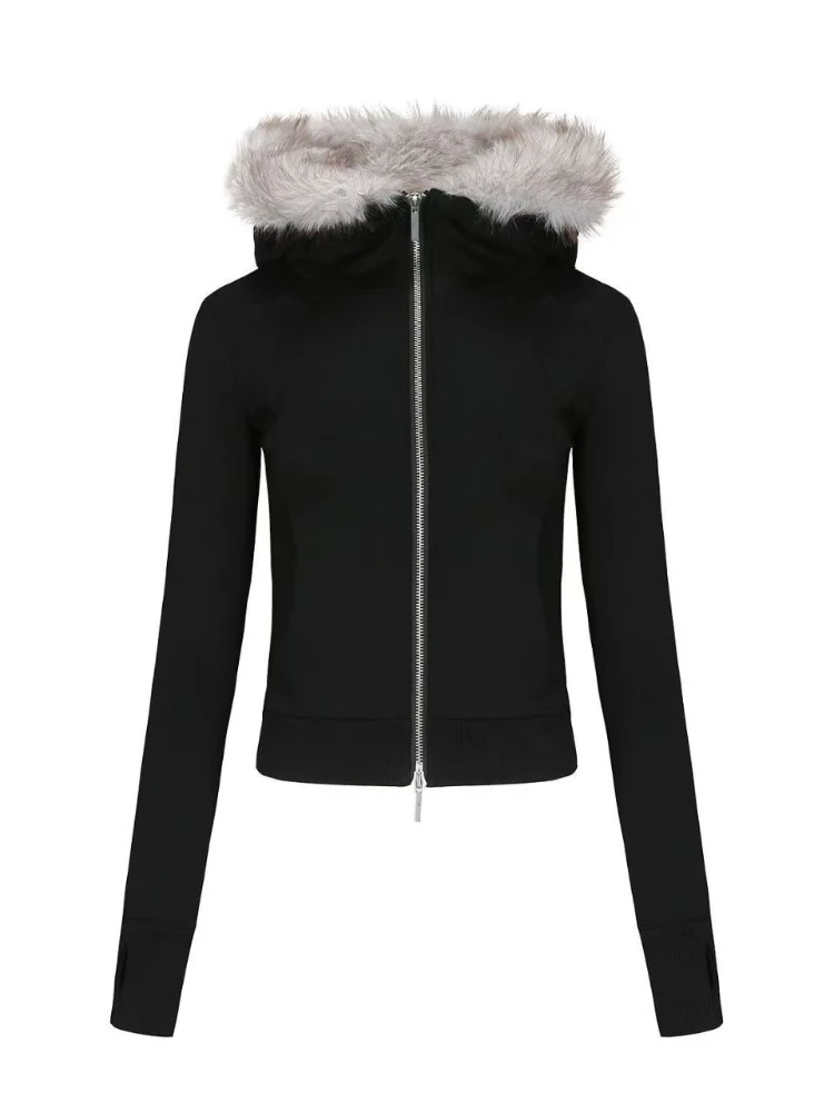 2026 Harajuku Faux Fur Collar Hooded Jacket American Vintage Women Y2K Slim Waist Belted Hot Girl Trendy Sweatshirt Coat