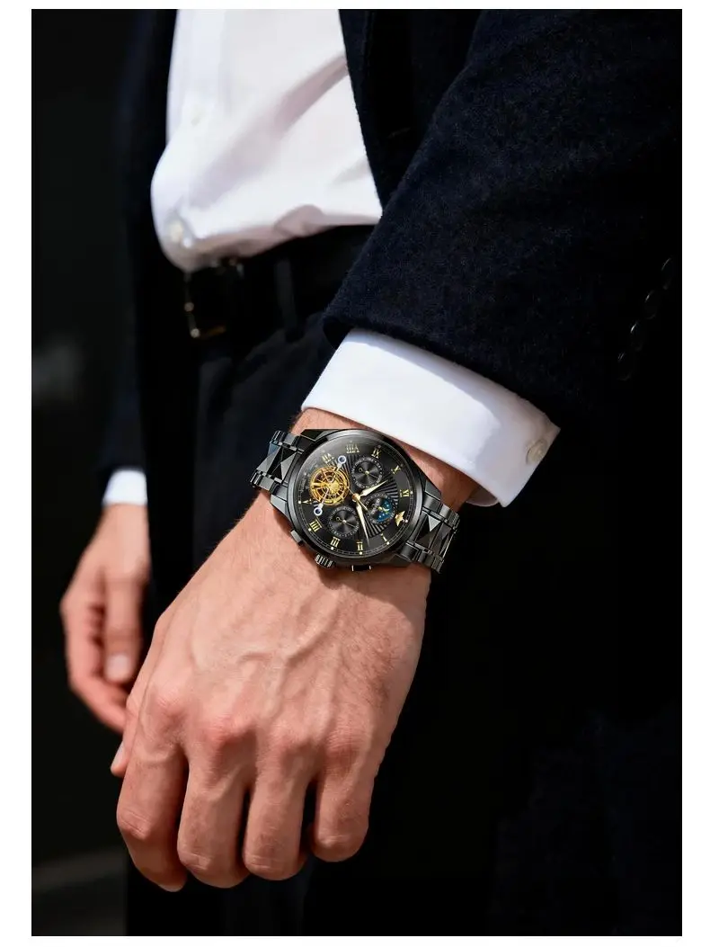 OUPINKE 3322 Heren Mechanisch Horloge Origineel Luxe Wolframstaal Multifunctioneel Skelet Tourbillon Automatisch Horloge voor Heren - afbeelding 2