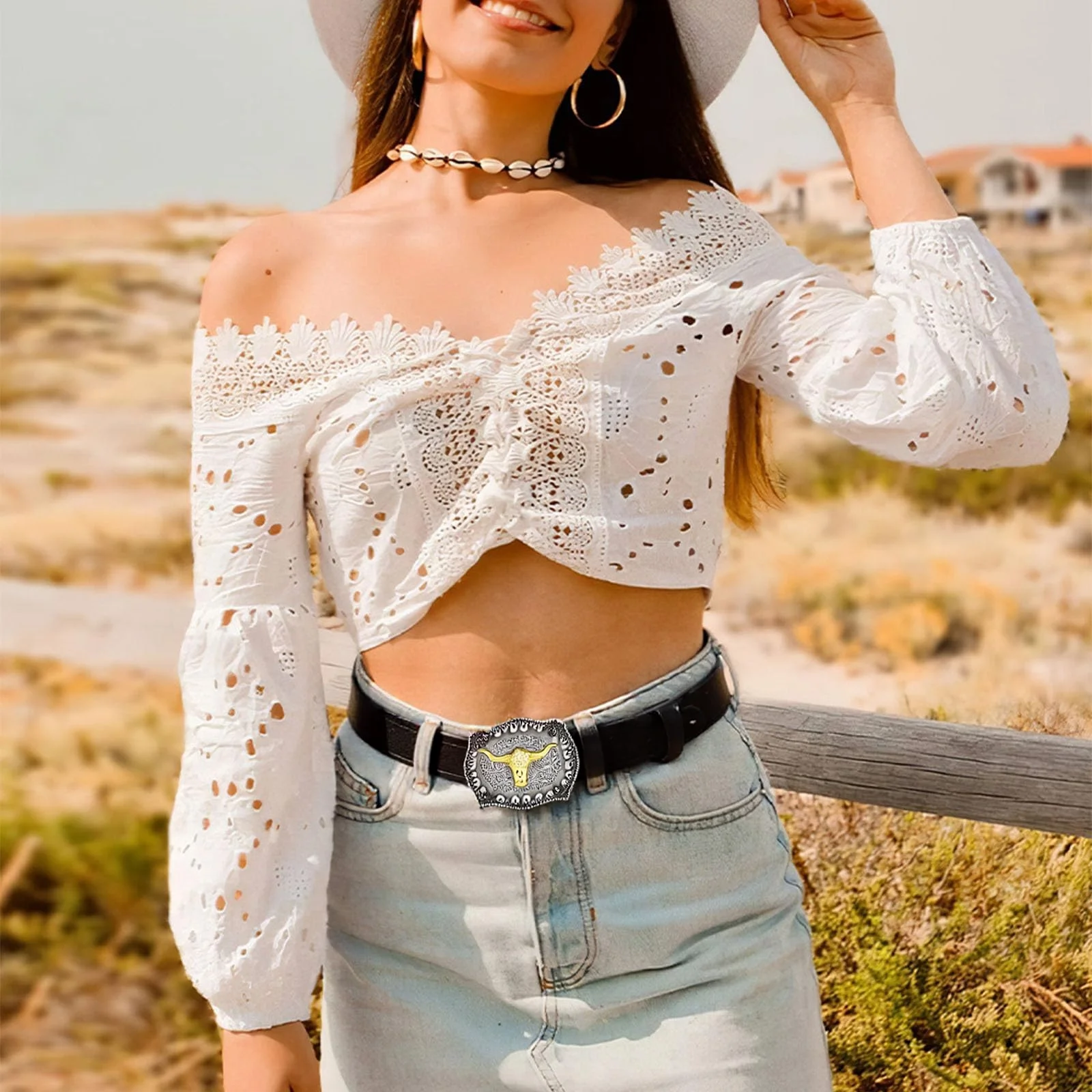 Belt men's and women's new social western denim buckle durable fried street american high-end outer pants belt