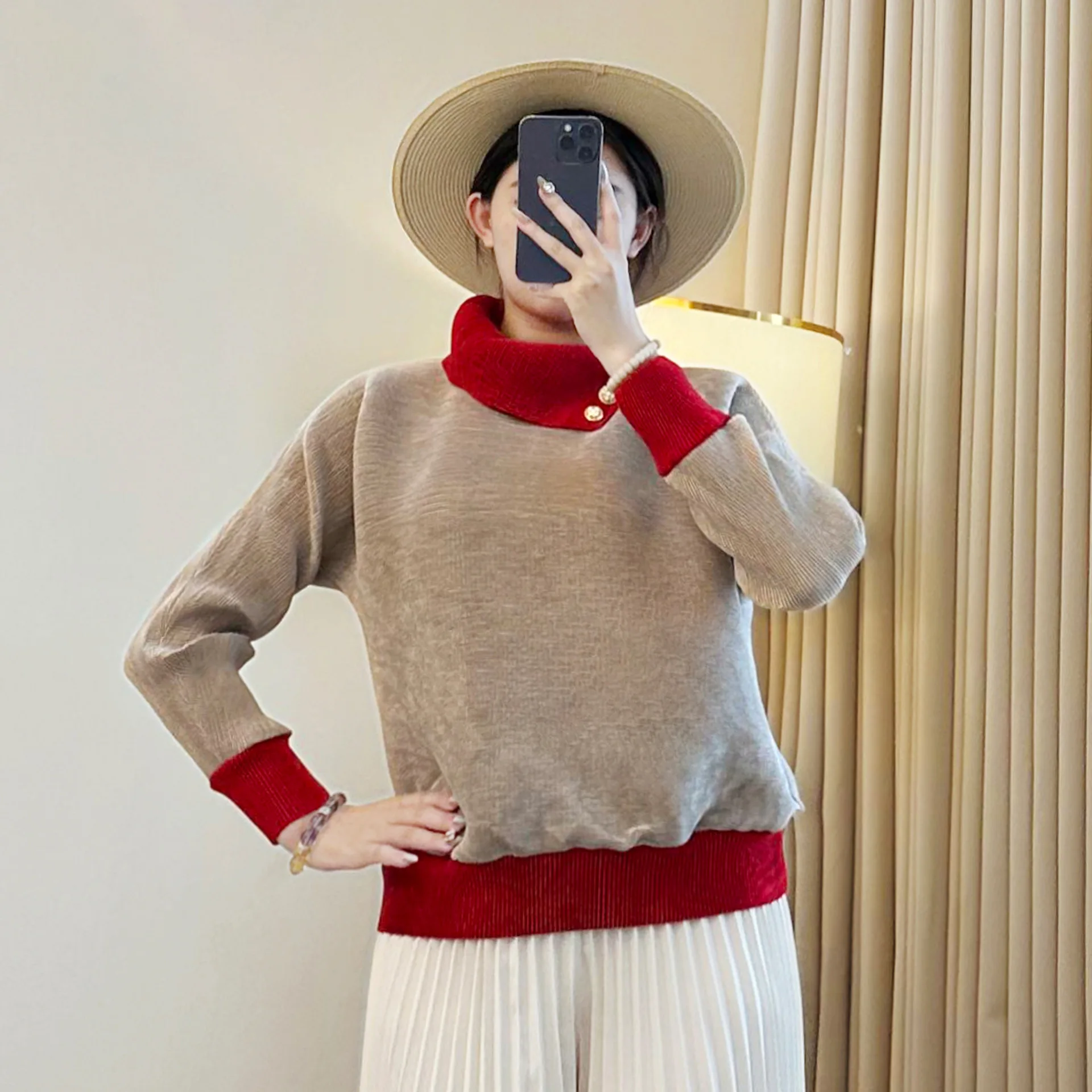 

Miyake Золотая бархатная футболка с длинным рукавом для женщин, новинка 2025, контрастный цвет, ленивый стиль, топ, повседневная свободная нижняя рубашка для женщин