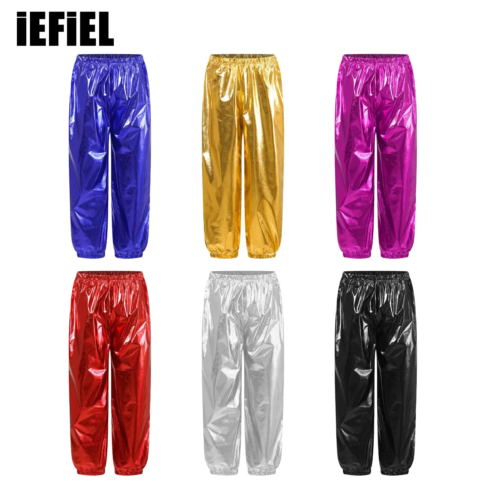 

Kids Jazz Pants Boys Girls Elastic Waistband Shiny Metallic Trousers for Dance Cheerleading Stage Performance