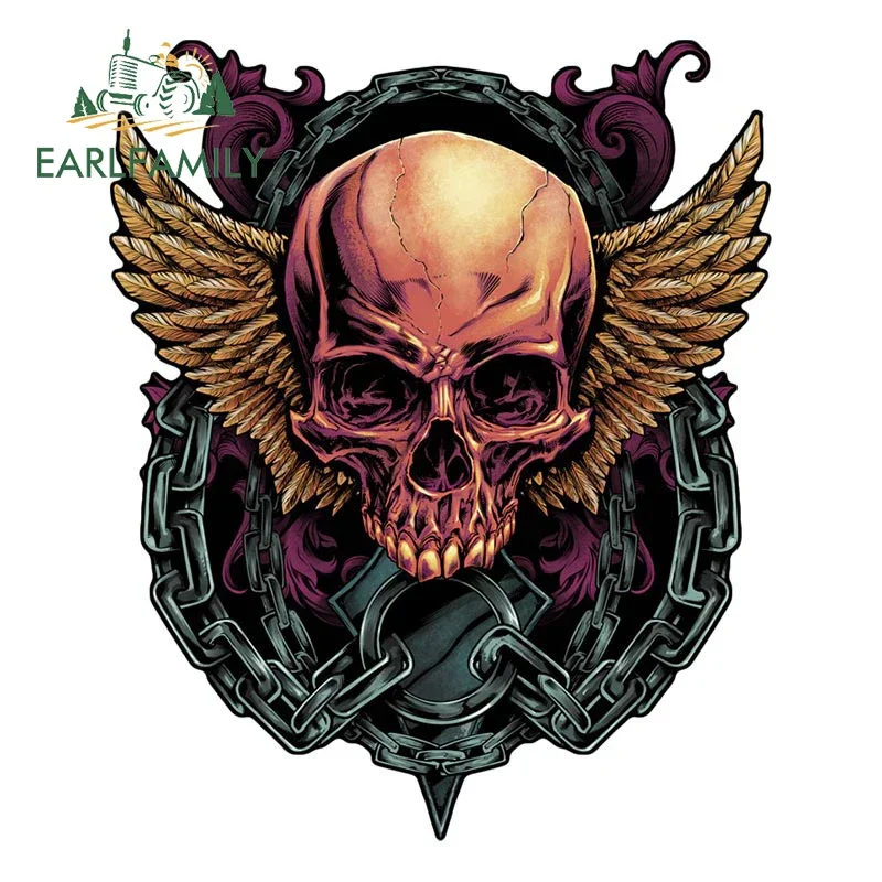 EARLFAMILY 13cm X 10.8cm Gothic Skull Glowing Eyes Wings & Chains Car Sticker Vinyl Motorcycle Rider Biker Off-road Window Decal