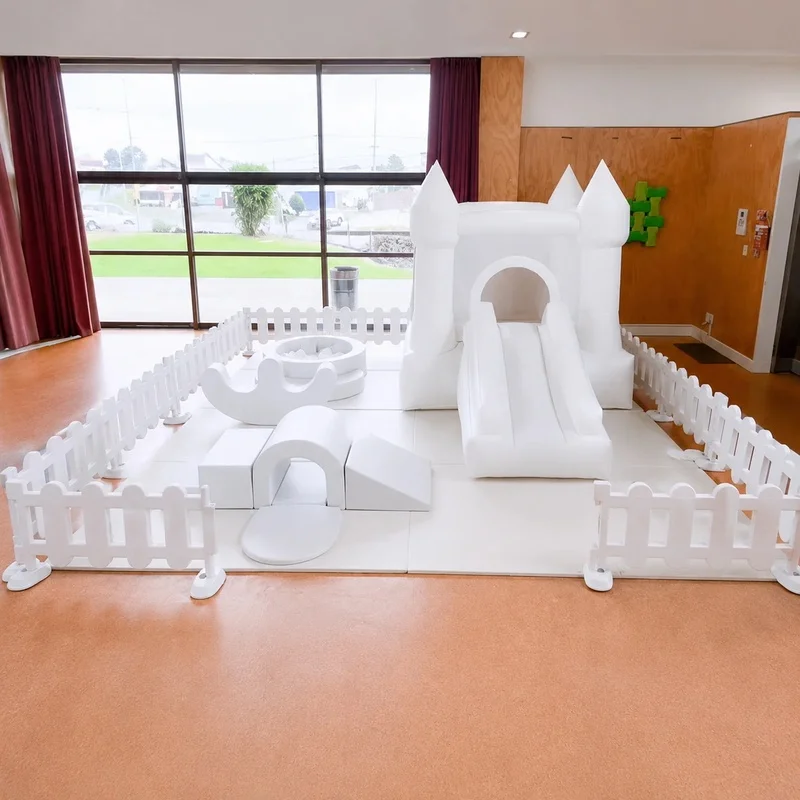 White Soft Play Set with Inflatable Castle Slide Round Ball Pit and Tunnel for Event Rental Companies