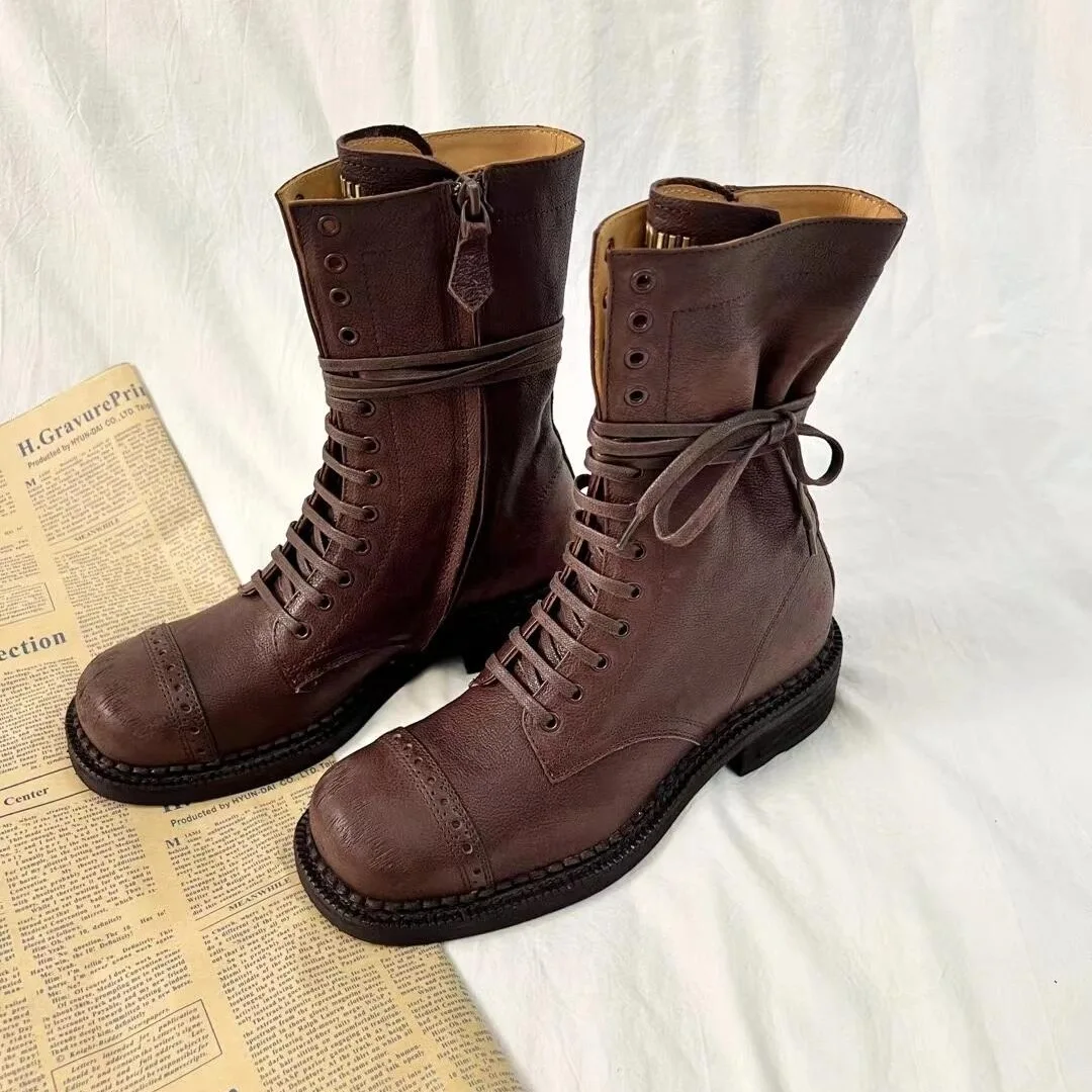 

New Genuine Leather Vintage Motorcycle Boots, Women's Maillard Thick Soled Thick Heeled Short Boots, Knight Boots