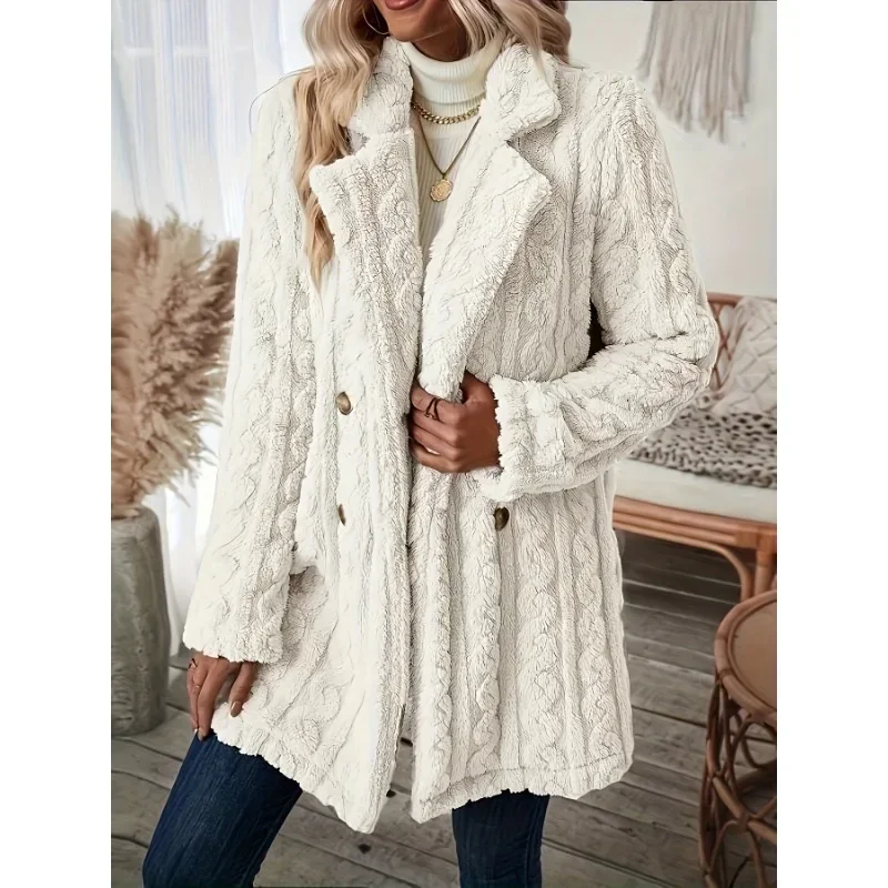 Autumn Winter Women Elegant Solid Color Fuzzy Lapel Coat Warm Casual Soft Zipper Jacket Plush Overcoat Female Fluffy Outwear