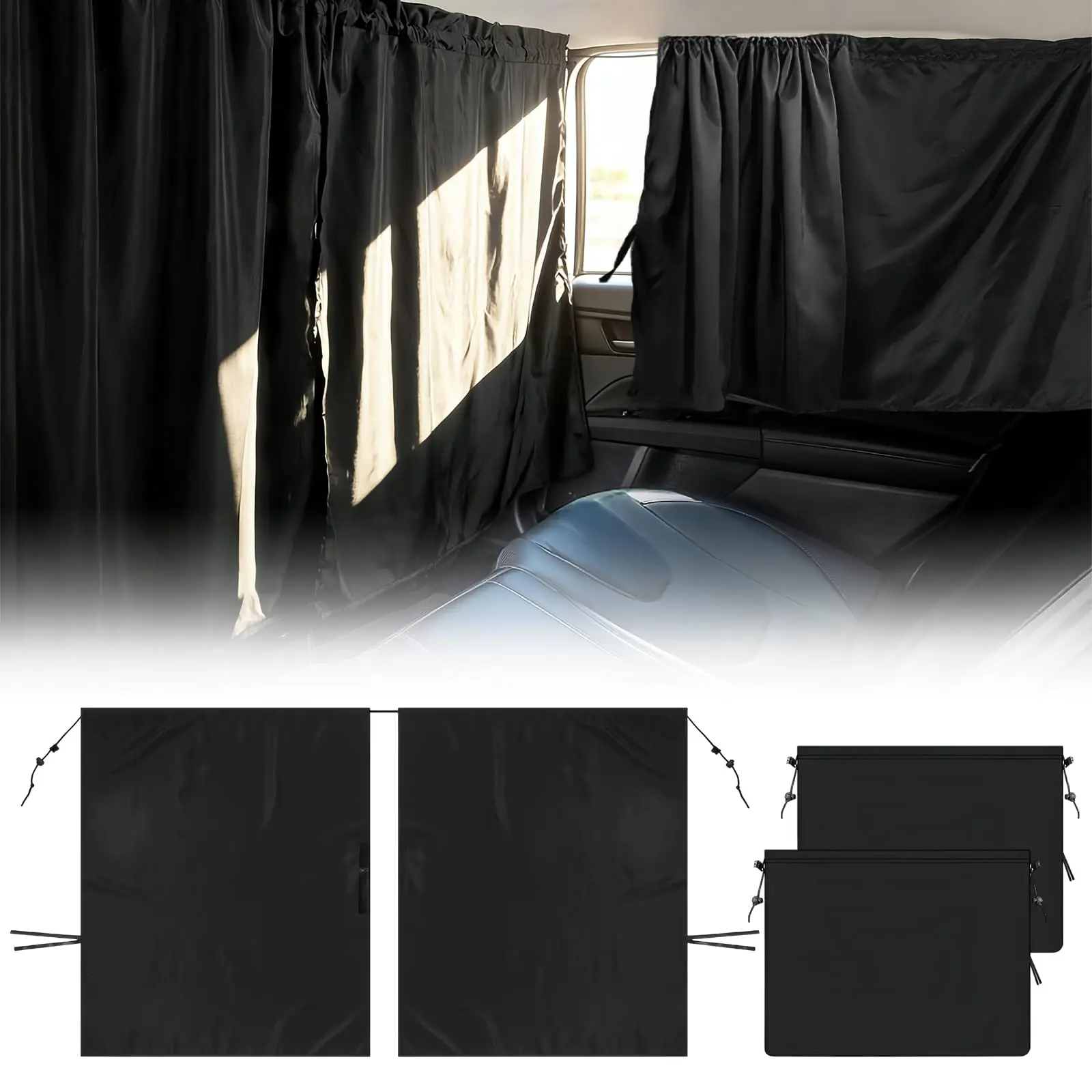 Universal Blackout Car Window Curtains For Front Rear Seats, Side Shade Covers With Drawstring, 3-Piece Set For Sedan SUV Van
