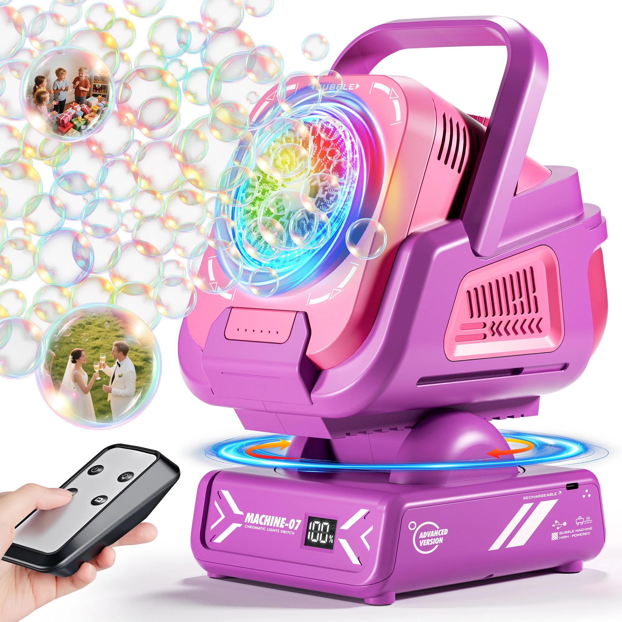 2025 Upgraded Bubble Machine with Remote Control, Automatic Rotation & Rgb Lights, 1800Mah Rechargeable Battery, Type-C Charge