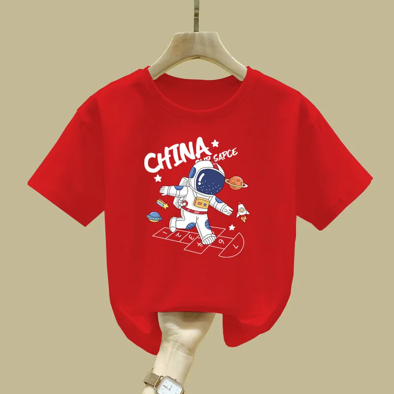 

Новая летняя детская одежда: стильный розовый топ с принтом космонавта, круглым вырезом и короткими рукавами, детская одежда из полиэстера