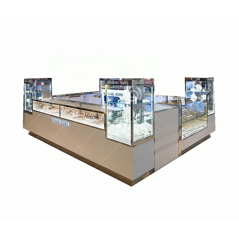 

Custom. Metal Wood Mall Kiosk Design Ideas LED Light Luxury Jewelry Kiosk for Mall Jewelry Island Shop Showcase