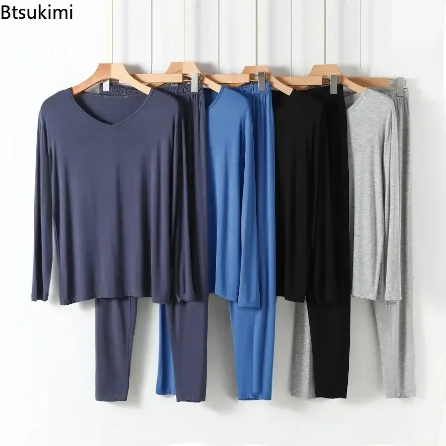 جديد 2025 ملابس منزلية مشروط للرجال بيجامات على شكل حرف v وأكمام طويلة أطقم سراويل ثنيات ناعمة مرنة مريحة ملابس نوم للرجال #1